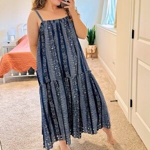 Tuckernuck Rue De La Lune Blue Printed Smocked Maxi Dress L/XL